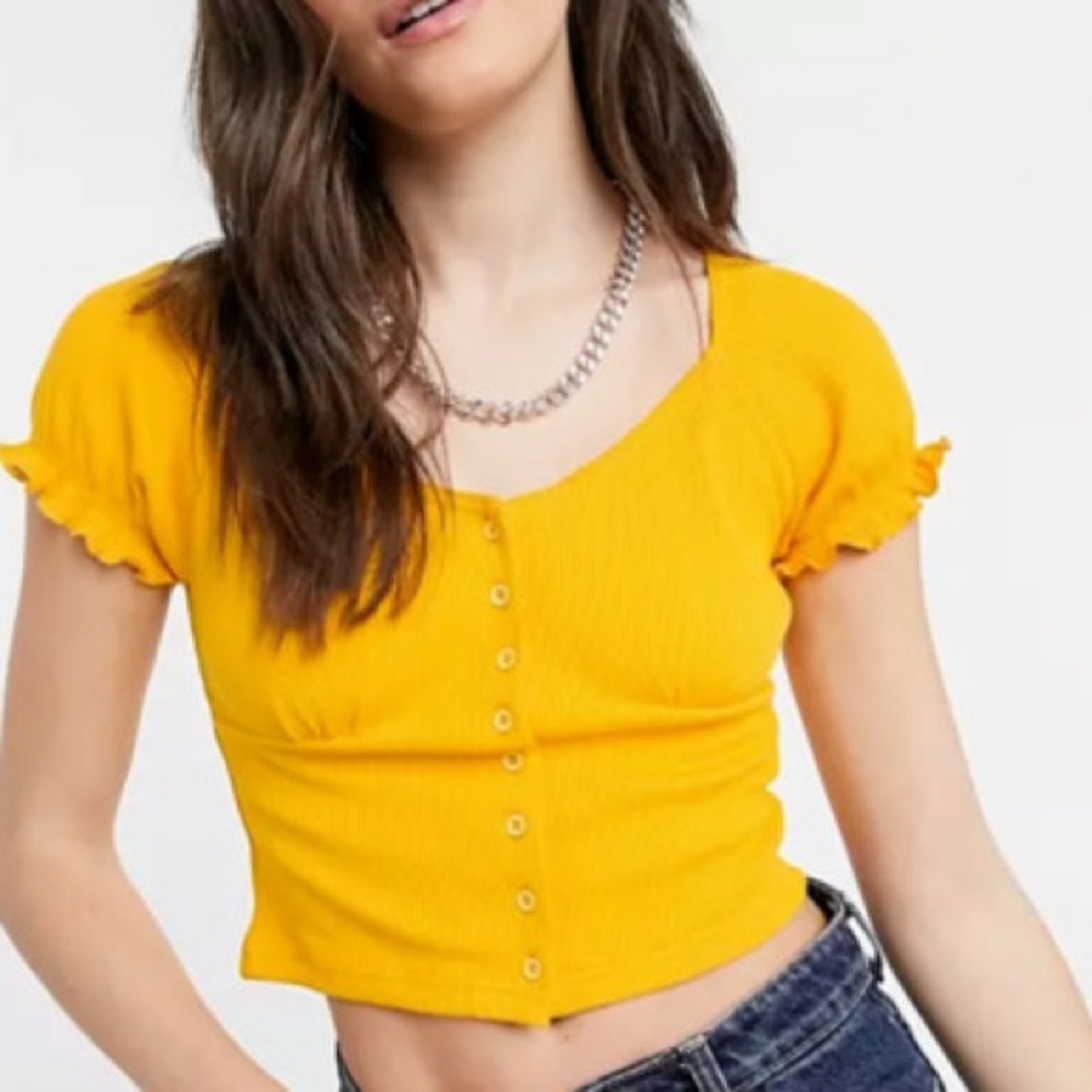 Minga London Milkmaid Yellow Button-Up Crop Top